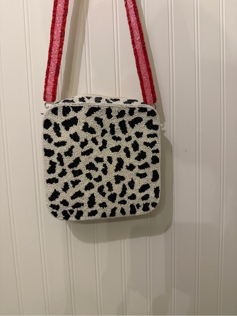 Moyna Black and White Beaded Crossbody with Pink Strap